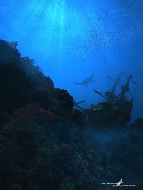 "A digital illustration depicts an underwater scene with a large marine reptile swimming past a shipwreck on a coral reef. Shafts of sunlight penetrate the deep blue water, illuminating a massive school of fish above the wreckage."
